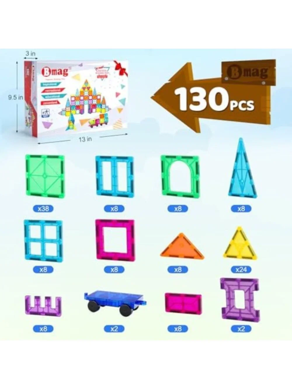 Magnetic Building Tiles Set 130PCS with Cars | 3D STEM Toys for Kids 3-9+ | Gift